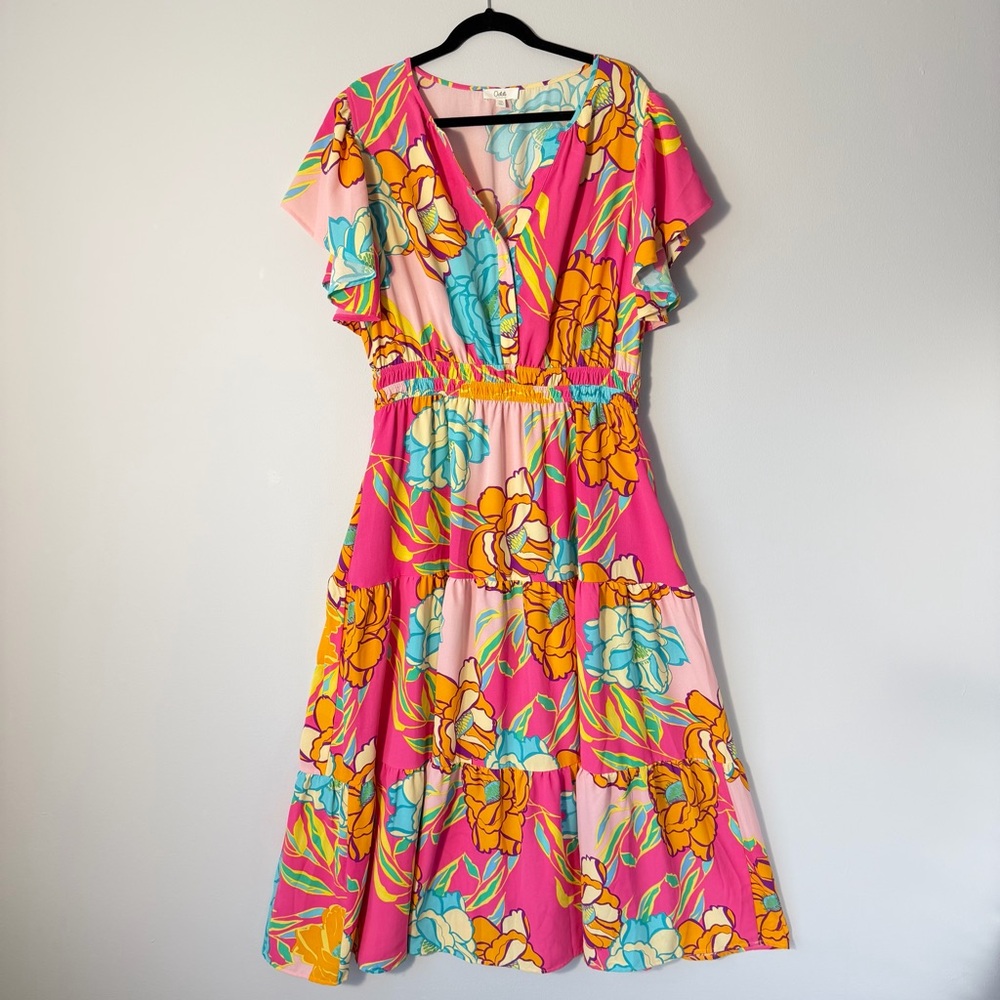 Boho Floral Tiered Maxi Dress Pink Tropical Cottagecore Ruffle Sleeve XL Oddi‎